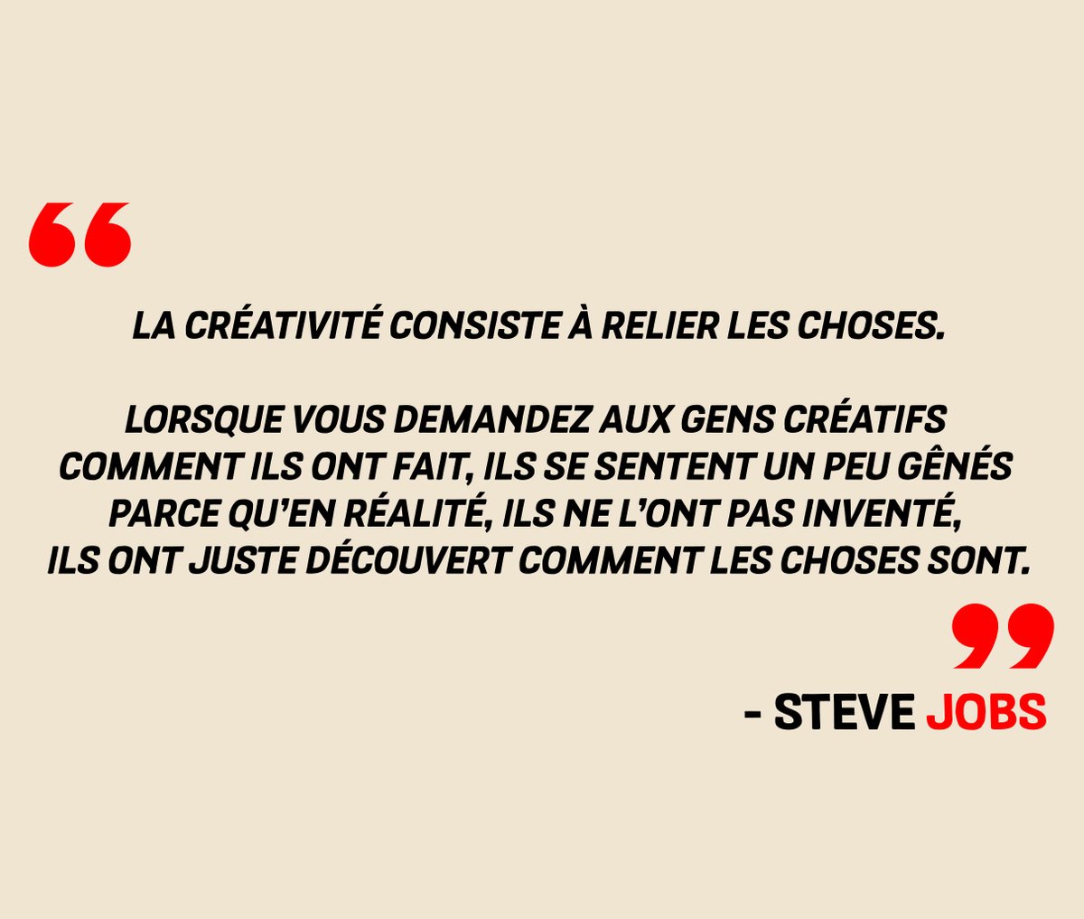 La créativité consiste à relier les choses.
Lorsque vous demandez aux gens créatifs comment ils ont fait, ils se sentent un peu gênés parce qu'en réalité, ils ne l'ont pas inventé, ils ont juste découvert comment les choses sont.
Pour en savoir plus : bit.ly/2Vb973P
#PRL