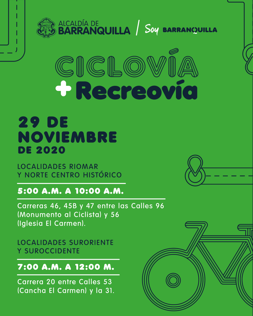 TransitoBaq's tweet photo. ¡Prepárate para rodar nuevamente!

 El domingo 29 de noviembre hay 
 #CiclovíasBaq 🚴🏽‍♀️. 

Conoce las rutas, alista tu bicicleta o patines y agéndate para vivir una mañana saludable en familia. https://t.co/hygFiL3Iop
