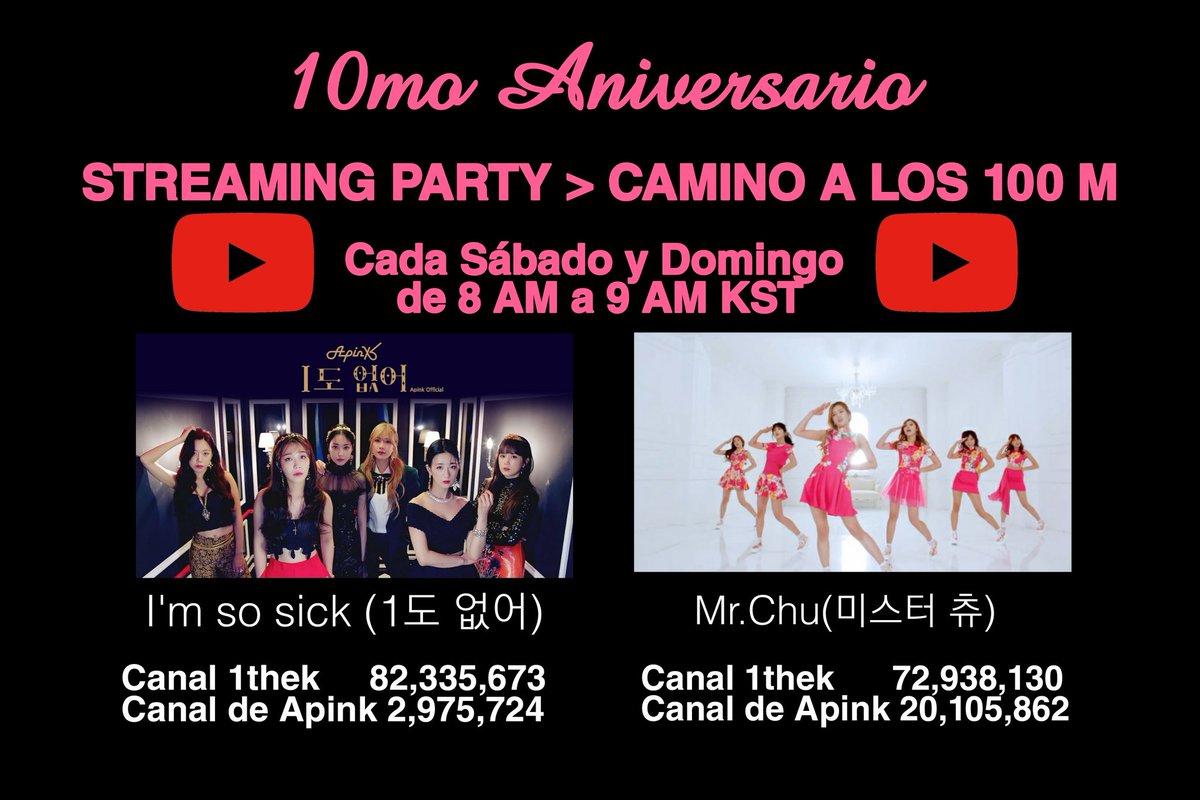pandasecuador's tweet photo. Pandas subamos las vistas en los Mvs de Apink como regalo de 10mo Aniversario .
El proyecto consiste en hacer Stream a I'm so sick y Mr chu en los diferentes canales y la meta es llegar a los 100 Millones .
Se estableció un horario para América Latina. 👇 https://t.co/3AgFNYiQ6N