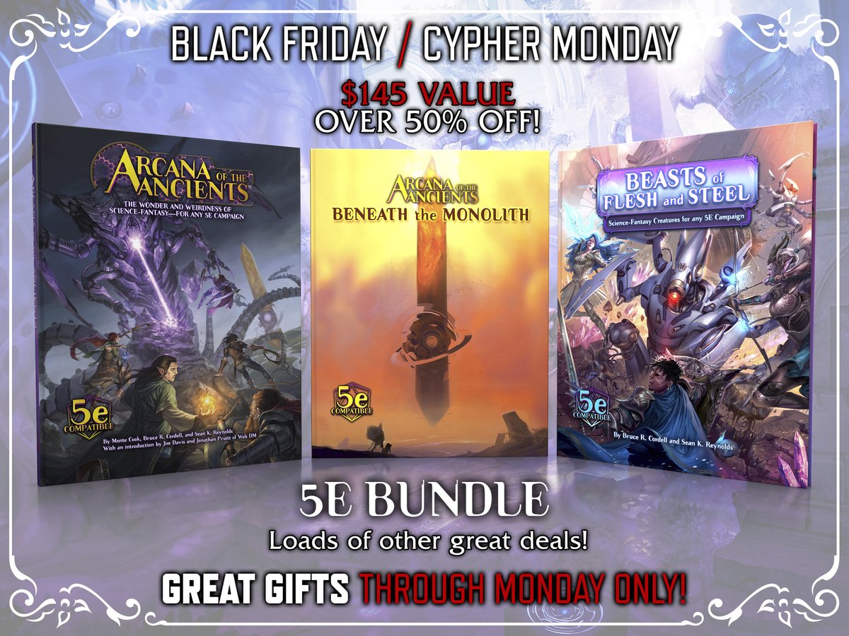MonteCookGames's tweet photo. Our #BlackFriday and #CypherWeekend sales are here, and there's so much I can't fit it all into one tweet! Get up to 50% off or more on amazing bundles for #Numenera, #CypherSystem, #InvisibleSun, and our 5e content! https://t.co/vc17m96tZF