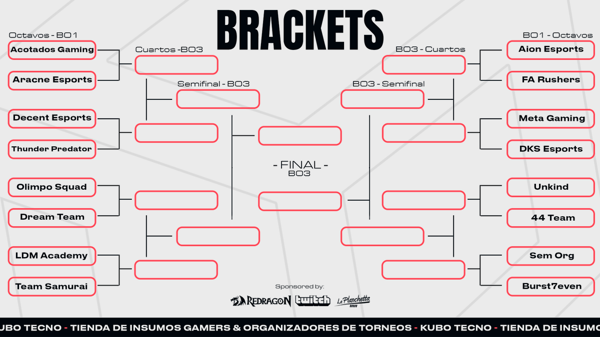 kubotecno's tweet photo. ¡TENEMOS BRACKET! 🏆

Les presentamos los enfrentamientos que se darán en nuestro KUBO TOURNAMENT.

¿Quién se quedara con el campeonato? 🤔 https://t.co/Kws8J0uOAY