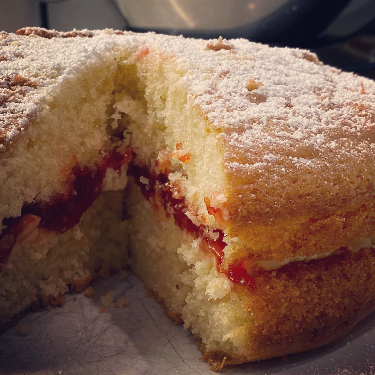 tomdearie's tweet photo. I’ll no be giving up the day job just yet! First go at a Victoria sponge, I think Peter should be able to hold onto his bake off title for a wee bit longer 😂 #boredinlockdown https://t.co/hQyK9qEAwf