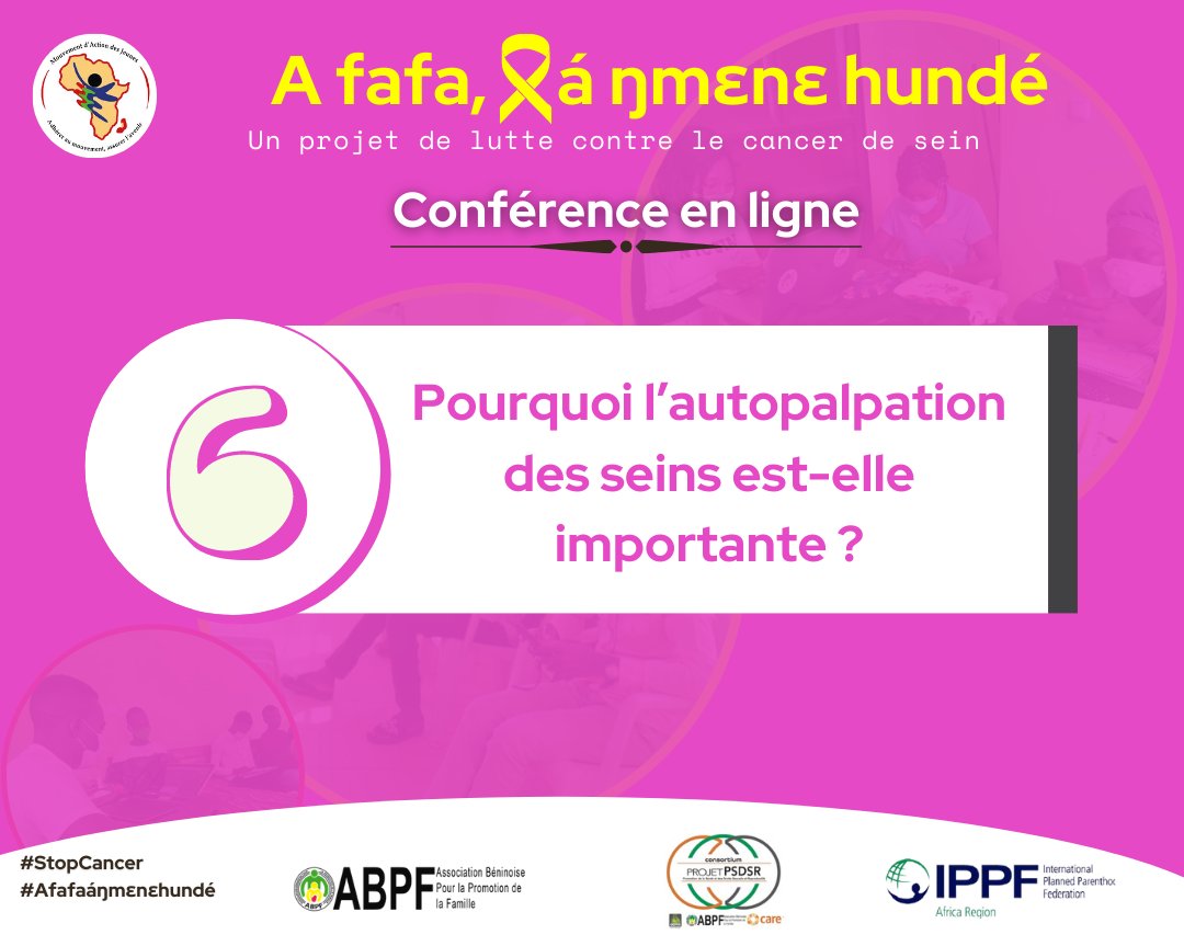 Question 6
Pourquoi l’autopalpation des seins est-elle importante dans le dépistage du cancer du sein ?
#StopCancer 
#Afafaáŋmɛnɛhundé
web.facebook.com/MAJParakou/pos…