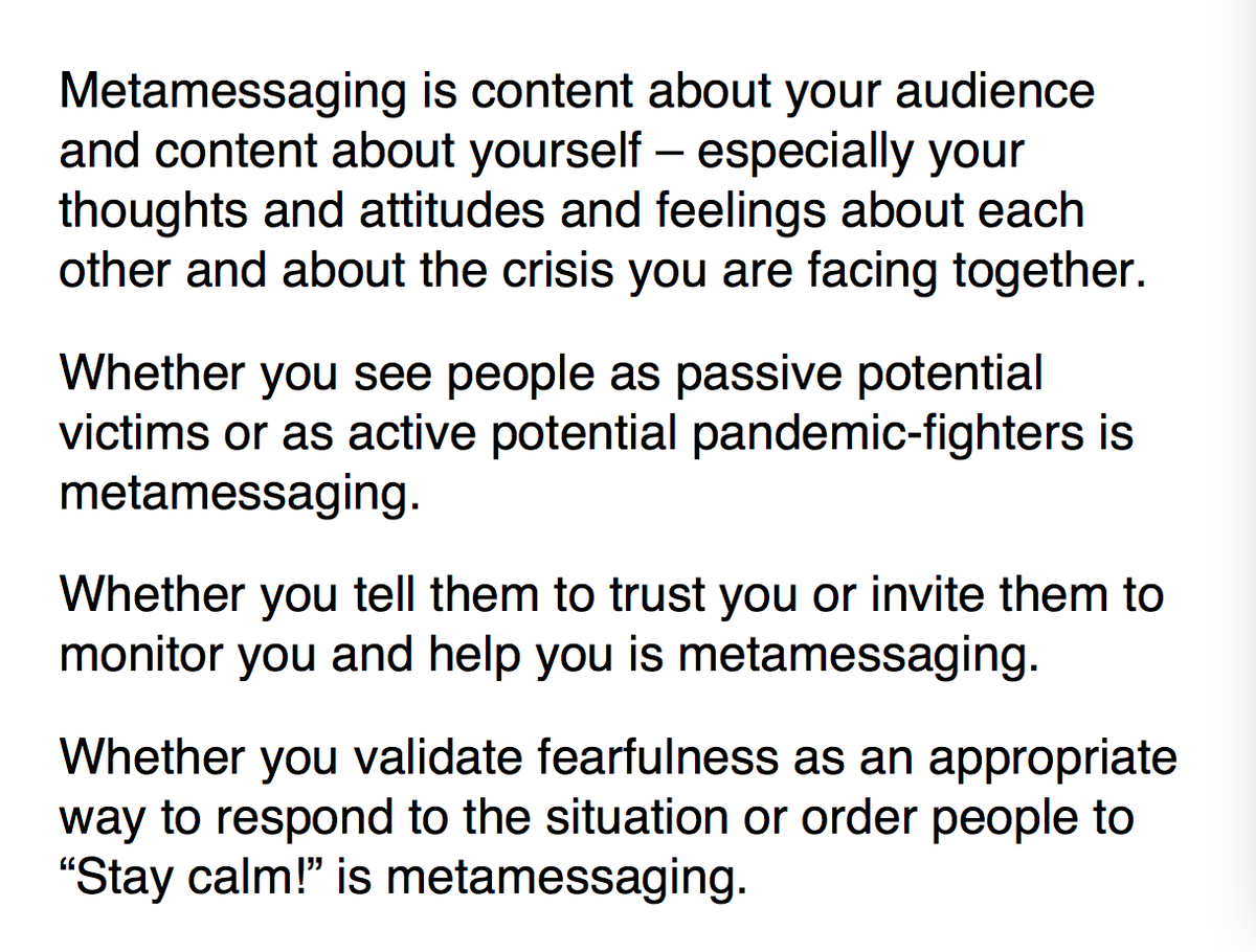 I also appreciate sandman and lanard's advice that governments reconsider their 'metamessaging' — which would actually require governments to reconsider their own unspoken, unexamined assumptions about governance, and about the public itself
