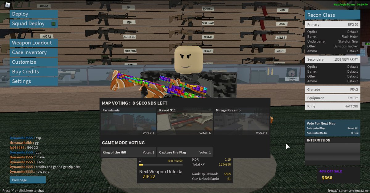 TheVoidOperator's tweet image. ah yes, gonna get zip 22 next level up, has 666 credits, and has a bfg 50 in the background; what can go wrong? #robloxphantomforces #Roblox #oof