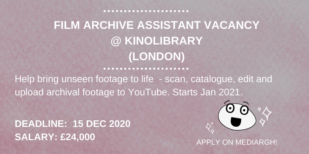 Film Archive Assistant Vacancy
@ Kinolibrary
(London)

Apply here: bit.ly/39fPZKq

<a href="/TheKinolibrary/">Kinolibrary</a>

#filmjobs #mediajobs #archivejob #filmrchive