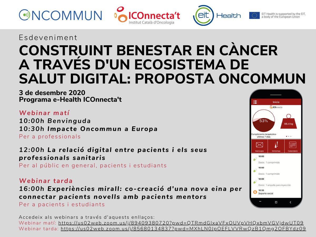 ICO_oncologia's tweet photo. 📢Webinar: Construint benestar en #càncer a través d'un ecosistema de salut digital Europa: proposta #Oncommun
🗓️Dijous 3/12
💻Enllaços webinars:
Matí: https://t.co/AjjXuR6Lc3
Tarda: https://t.co/3BP1mA9IDC
+ informació:
https://t.co/7xhOYWeGFC
@idibell_cat @Cristian8apsy https://t.co/tVYE8aurrs