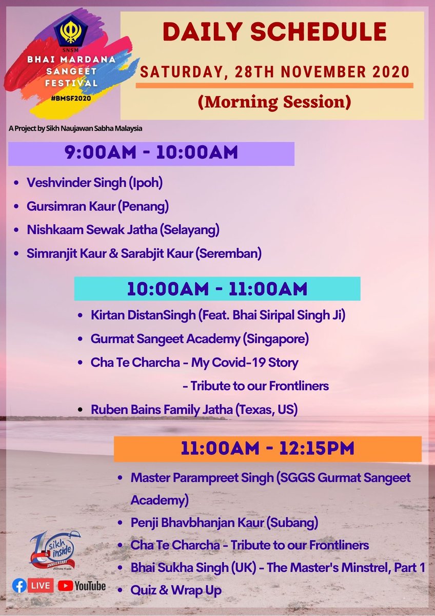 SikhInside's tweet photo. Day 3 (AM & PM) schedule for #BMSF2020 🙏🏻✨
Tune in live tomorrow, on Sikhinside.
ੴ Dhan Guru Nanak ੴ https://t.co/vfoekALNut
