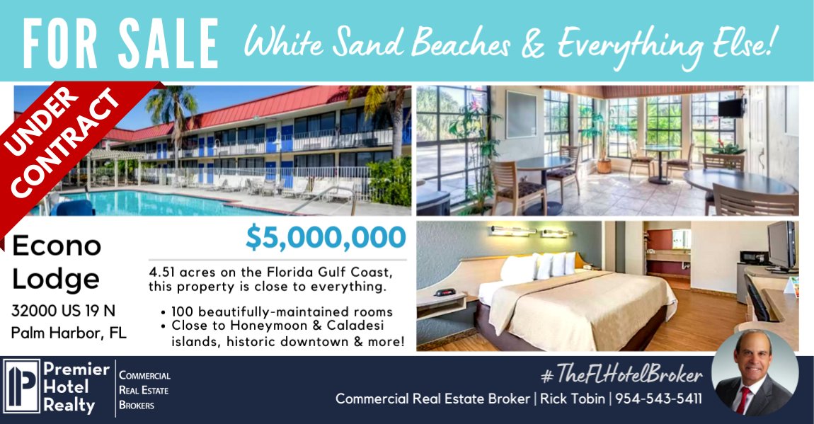 CREPropertyWire's tweet image. 📌We are pleased to share with you that Premier Hotel Realty has placed the EconoLodge in Palm Harbor Under Contract! 

👉Considering selling your flagged property? Contact us! We have dozens of qualified buyers still looking to purchase flagged hotel properties.