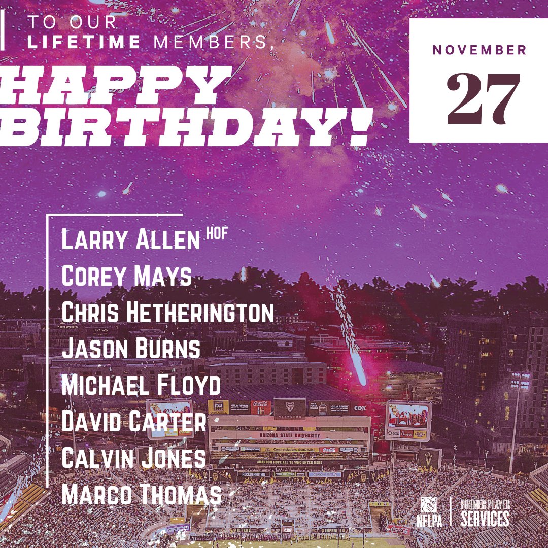 Happy birthday to our members <a href="/coreyisamaysing/">Corey Mays | Angel Investor | Public Speaker</a> @heth44 @mettlefit @Michaelmfloyd <a href="/houstonoiler58/">David Carter</a> <a href="/CalvinJones44/">Forever A Husker</a> <a href="/larryallen73/">LarryAllen</a> wishing all the best for you! 🎈 #nflpafraternity
Don't see your handle? Update your profile on NFLPA.com.