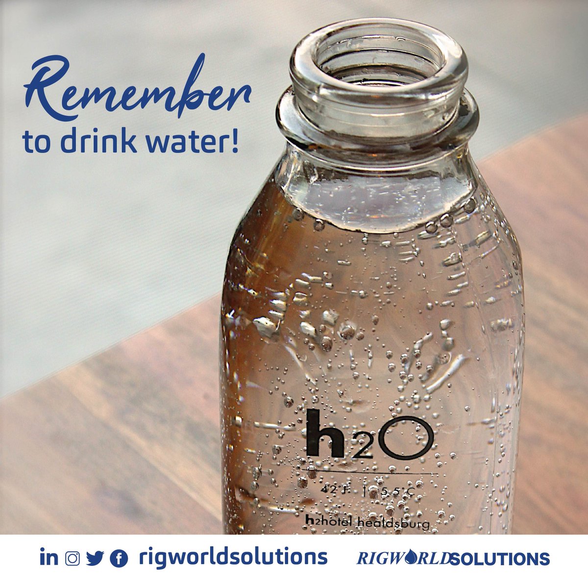 Remember to always stay hydrated by drinking enough water. How many glasses of water do you consume in a day? #rigworldsolutions