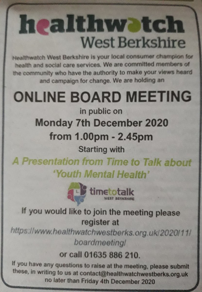 HealthWWBerks (@healthwwberks) on Twitter photo Our online Board meeting advertised in this weeks #NewburyWeeklyNews.
Register now at bit.ly/3meC7n9 if you would like to attend. Meeting includes Time to Talk presentation about #youth #MentalHealth.
<a href="/NewburyToday/">.</a> <a href="/BrightBerks2017/">Brighter Berkshire</a> <a href="/openforhope/">Open for Hope</a> <a href="/BerksYouth/">Berkshire Youth</a> #WestBerkshire Our online Board meeting advertised in this weeks #NewburyWeeklyNews.
Register now at bit.ly/3meC7n9 if you would like to attend. Meeting includes Time to Talk presentation about #youth #MentalHealth.
<a href="/NewburyToday/">.</a> <a href="/BrightBerks2017/">Brighter Berkshire</a> <a href="/openforhope/">Open for Hope</a> <a href="/BerksYouth/">Berkshire Youth</a> #WestBerkshire