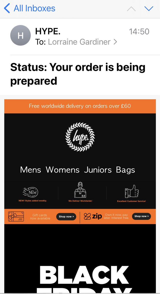 JG74's tweet photo. With all the phishing emails flying around it was disappointing to see @justhypeuk send this. We didn’t order anything ! https://t.co/GvnGw9mMij