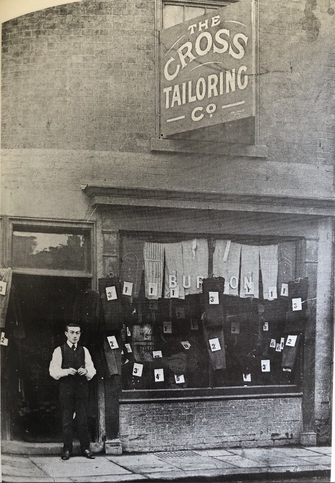 This is Meshe Osinsky, aged 19, in 1904 – outside his very first business, a tailor’s shop in Chesterfield, Derbyshire. He’d arrived in UK 4yrs previously speaking no English and almost penniless. He scratched a living selling shoelaces door to door.