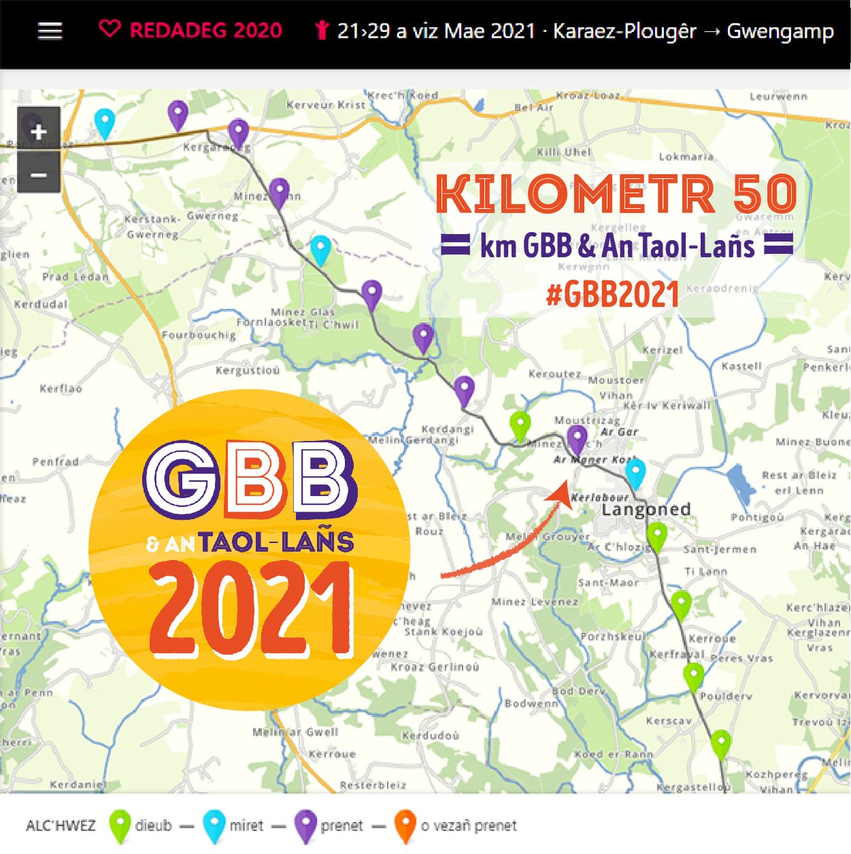 mabrezhoneg's tweet photo. Un difi bras a gas @Redadeg d'an holl a zo tomm o c'halon ouzh ar #brezhoneg : gwerzhañ an holl gilometroù a-raok dibenn ar bloaz.
#Difi degemeret gant aozerien·ezed GBB & An Taol-Lañs o prenañ km niv 50 e #Langoned ! Ha ganeoc'h ?
#bzhg #Breizh #redek #GBB2021 #Morbihan https://t.co/4jCkFjgh45