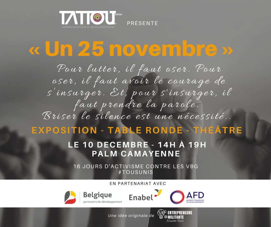 collectifFF224's tweet photo. #ViolenceAgainstWomen #16joursdactivismecontrelesvbg le #10décembre à #Conakry organisé par #Tattougroup en #partenariat avec @Enabel @AFD @AmbassadedeBelgique sur une idée de #NanettetoureEntrepreneuremilitante #Un25novembre https://t.co/c7D5uq2mdP