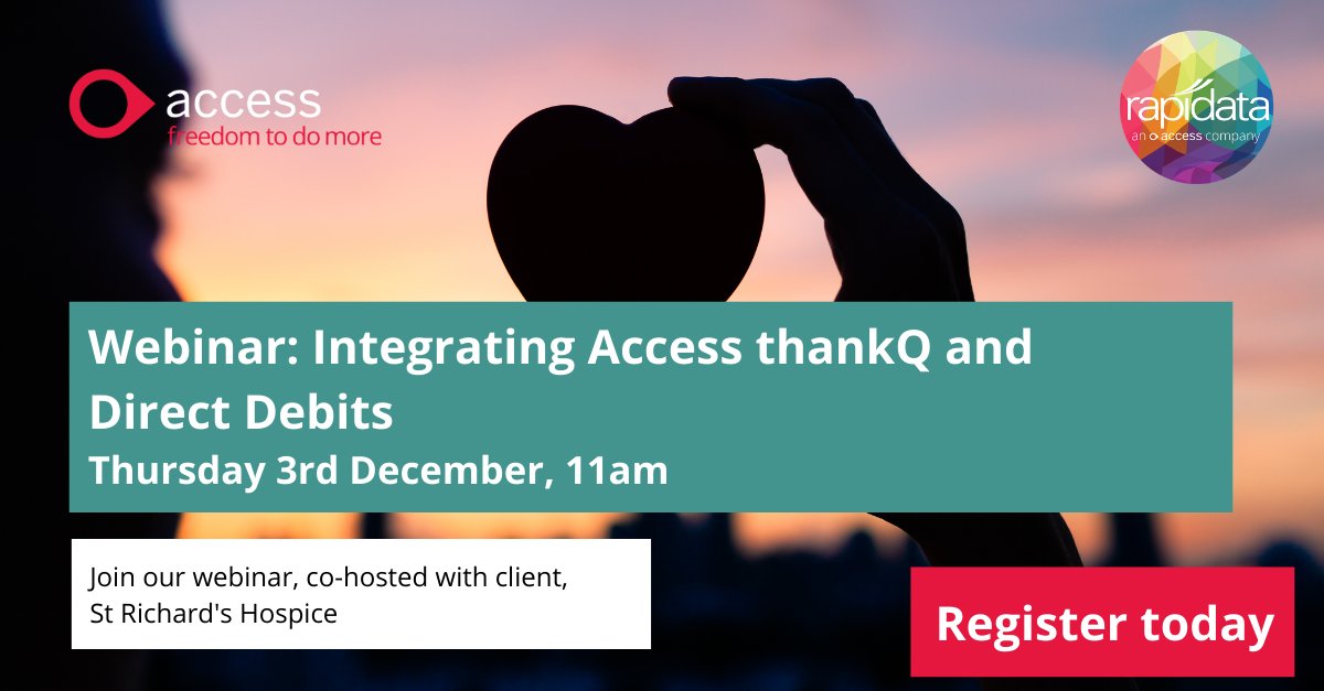 Join our free webinar on Thursday 3rd Dec at 11am about how set up #directdebits in Access thankQ! St Richard's Hospice will be joining us and has already being seeing the benefits of integrating #payments! bit.ly/3fDCYeS