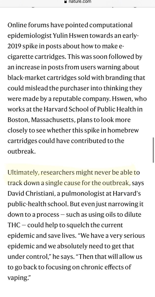 “Scientists chase cause of mysterious vaping illness as death toll risesConfusion reigns as researchers sort through the complex US e-cigarette market.” 10/11/2019  #EVALI https://www.nature.com/articles/d41586-019-03033-1