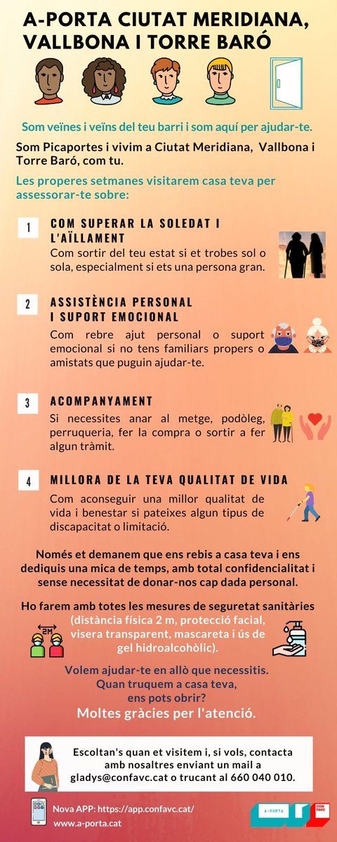 🚪 Sou de #CiutatMeridiana, #TorreBaró o #Vallbona? Necessiteu alguns servei d'acompanyament a la vostra família, sobretot per a la gent gran? 
Des de la cooperativa #SerBarri de la <a href="/CONFAVC/">confavc</a>  s'està impulsant aquest servei, ofert per les mateixes veïnes dels barris al seu veïnat.