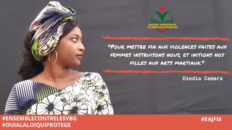 Pour mettre fin aux violences faites aux femmes instruisons nous ,et initions nos filles aux Arts martiaux 
Diedia camara 
-Coordinatrice de l’ONG EAJFM
-Point focal FP2020/PO
#ENSEMBLESCONTRELESVBG
#OUIALALOIQUIPROTEGE 
#EAJFM