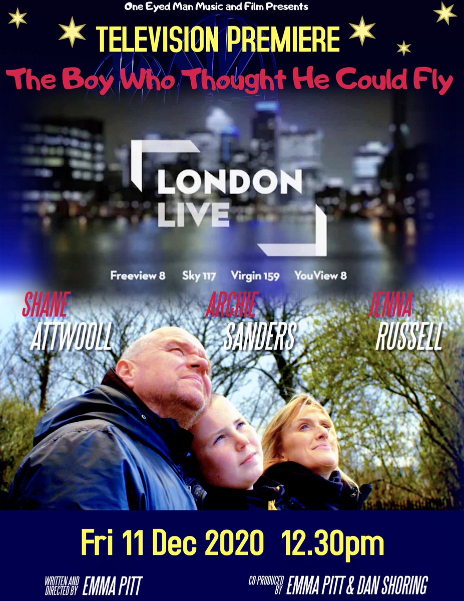 EmJ20's tweet image. A short film I’ve written and directed is going to be on TV! The Boy Who Thought He Could Fly starring @shaneattwooll @jennarusselluk and Archie Sanders will have its TV Premiere on @LondonLive Fri 11 Dec 12.30pm. A film about #grief #loss #hope #MentalHealthAwareness