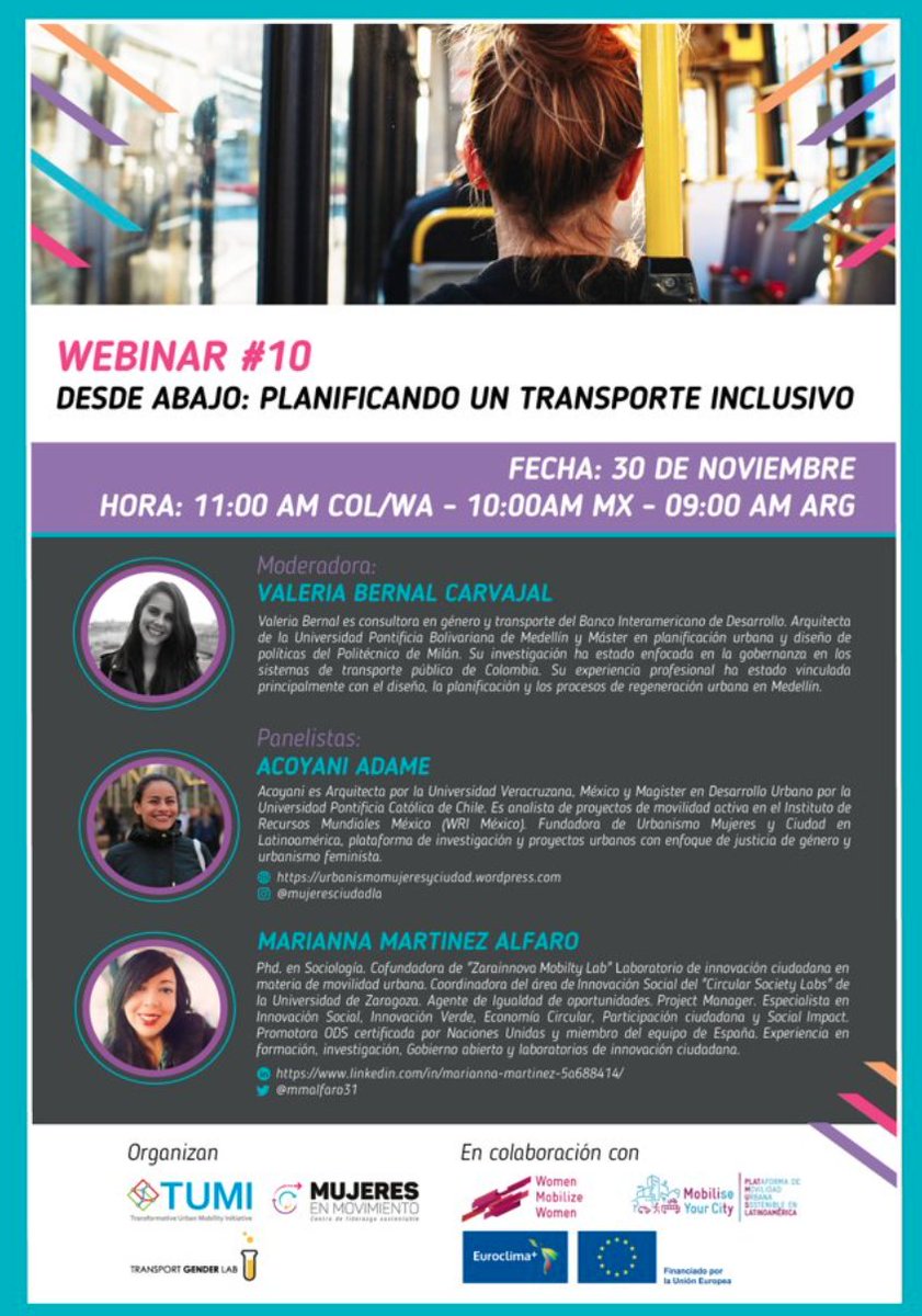 Lunes 30 de Nov. 11 am (Bog/DC) tendremos el webinar de
<a href="/womeninmotion_/">womeninmotion</a> y #TGL: "DESDE ABAJO: PLANIFICANDO UN TRANSPORTE INCLUSIVO" con #AcoyaniAdame de <a href="/mujeresciudadla/">Urbanismo Mujeres y Ciudad en Latinoamérica</a> y <a href="/mmalfaro31/">Marianna Martinez Alfaro</a>
 de <a href="/ZAZMobilityLab/">Zarainnova Mobility Lab</a>. Modera <a href="/Va_leria_B/">Valeria Bernal</a> Inscríbanse bit.ly/3fg1VN2
