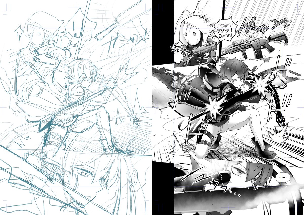 #このタグを見た人はラフ画とその完成絵を見せる
ファウスト君が5章アニメPVで 戦闘能力卓越のチェンさんと 互角に空中戦してるところが大好き過ぎてリスペクト的に 銃弾も防ぎそうなファウスト君を描いたけど ラフ時のコマ割りのスピード感が消滅してしまった(特に左上)感 #明日方舟 #アークナイツ