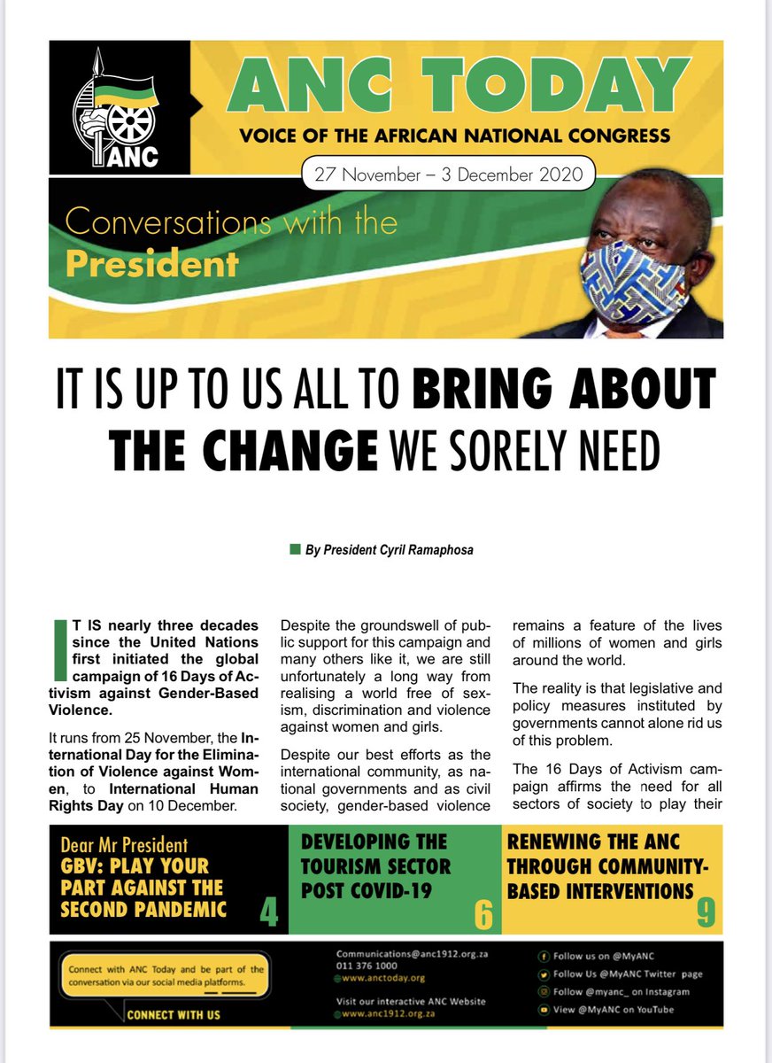 MYANC's tweet photo. ANC TODAY
Voice of the African National Congress
27 November - 3 December 2020
#COVID_19 #CoronavirusInSA and please #StaySafe #ProtectYourself #DefendEachother #LetsDoItTogether #16DaysofActivism2020 https://t.co/0N8V23TUzd