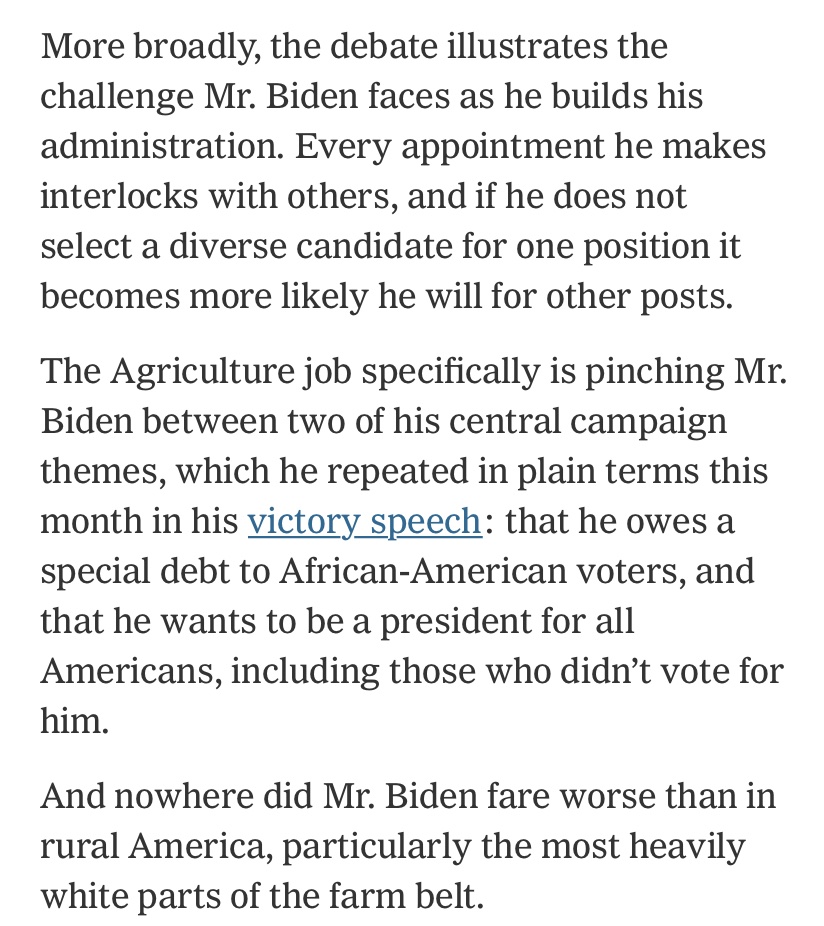 This framing is BS. If Heitkamp and Vilsack are so great at garnering support from white rural people, why are both of their states ruled by right wing ghouls?  https://www.nytimes.com/2020/11/26/us/politics/biden-agriculture.html?referringSource=articleShare