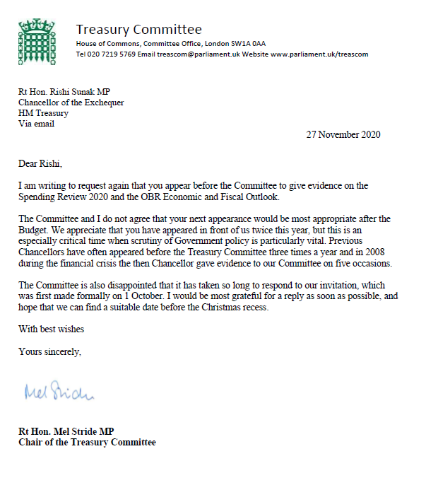 CommonsTreasury's tweet photo. 🚨The Chancellor @RishiSunak has so far declined to attend an evidence session with us on the #SpendingReview.

✍️Chair @MelJStride has written him to request again that he does provide evidence.

Full story here 🔜👇

https://t.co/30t5QdO3XT https://t.co/xQrZfeh3CW