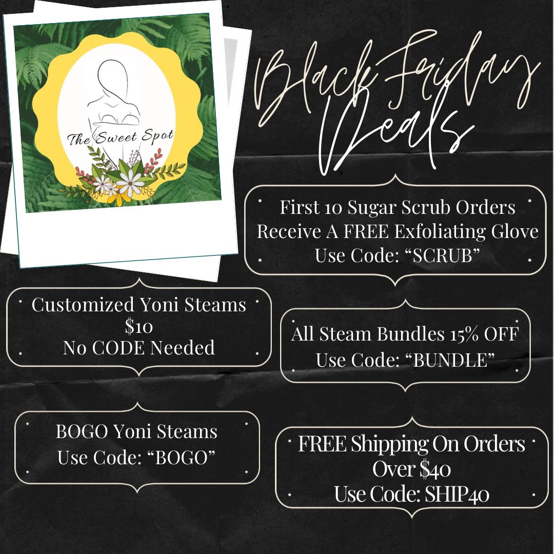 Get right the SWEET way! FIVE amazing deals, shop NOW! Link in bio! 💛🖤
•
#yonisteam #natural #yonisteaming #organic  #blackownedbusiness #health #beauty #wellness #tallahassee #palmbeach #famu #fau #fsu #ucf #allnatural #vegan  #sweet #thesweetspot #relax 
#BlackFriday