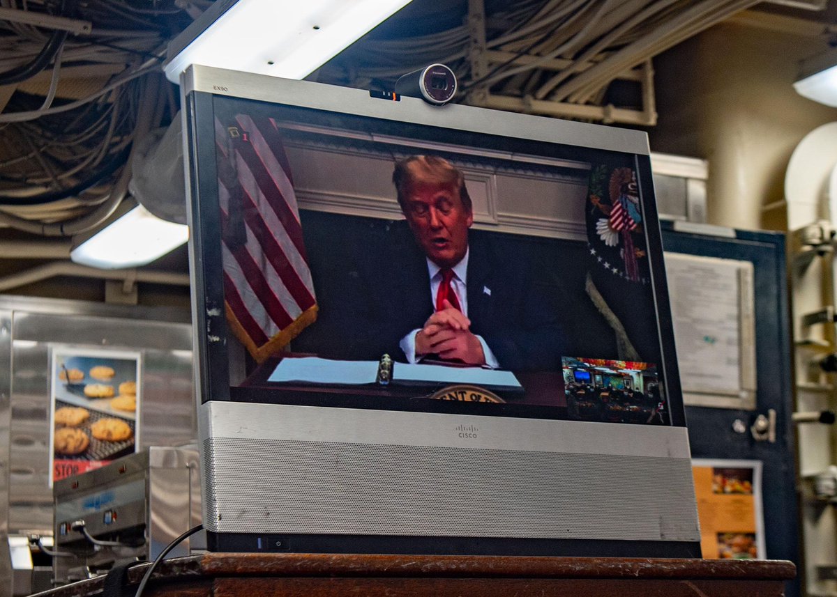 Giving Thanks. Sailors on guided-missile destroyer USS Winston S. Churchill (DDG 81) participated in a Thanksgiving video teleconference with @POTUS Donald J. Trump, Nov. 26. The ship is deployed to @CENTCOM area, supporting operations in the Gulf of Aden. #AmericasAwayTeam