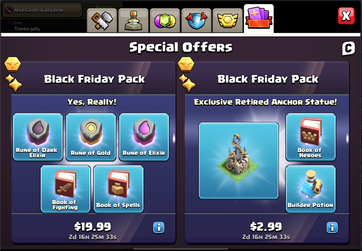 GaladonGaming's tweet image. 💰$25 giveaway!
🔄Just retweet! ✅ Use Code Galadon!
BLACK FRIDAY deals in Clash of Clans! 
I&apos;ll hook up one lucky winner with these packages! #ClashOfClans #UseCodeGaladon