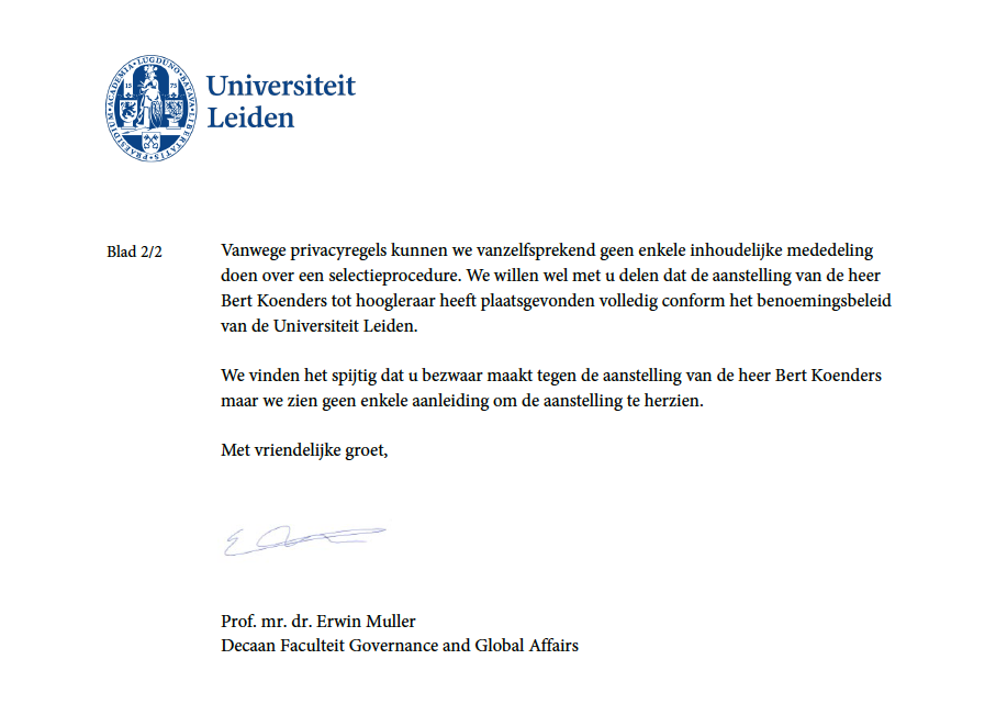 Faculteit  @fggaleiden van de  @UniLeiden vindt het helemaal niet raar dat ze een financier van terroristen (Bert Koenders) hebben benoemd tot hoogleraar Vrede, Recht en Veiligheid. Afgelopen week ontvingen  @HananShamounNL en ik bijgaande reactie.