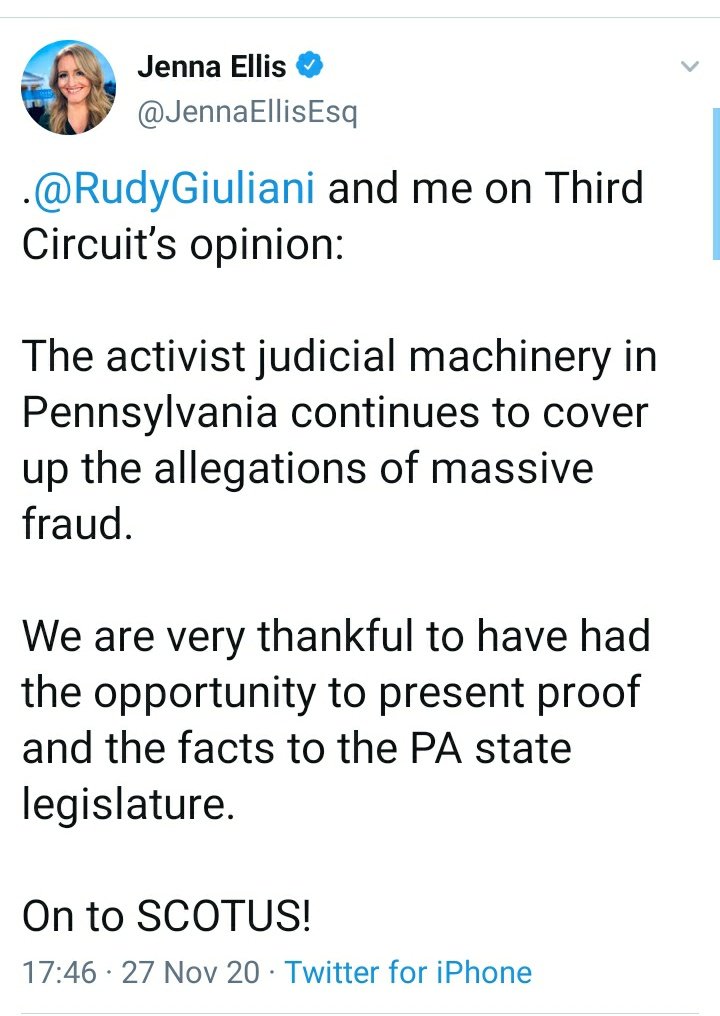 The context of his claim to be right all along is he now endorses a [crackerjack] Trump campaign claim that the Pennsylvania courts (state & federal) are part of the cover-up & conspiracy! (Nb: endorsing that tosh rather undermines his 'just let law take its course' narrative)