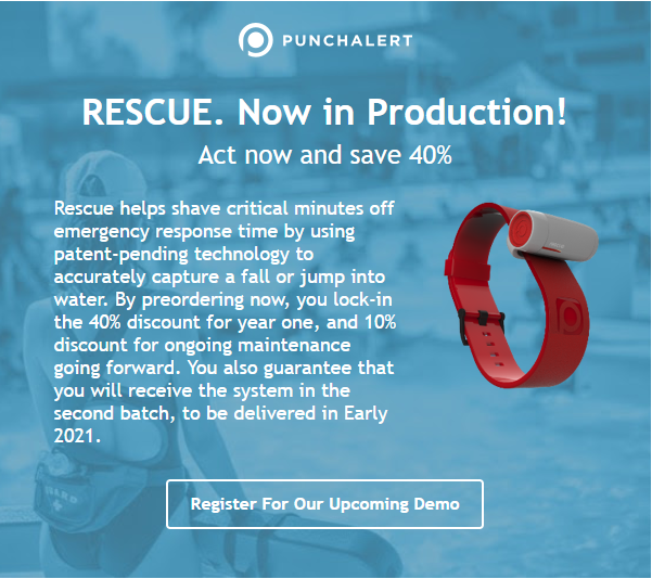 PunchTech's tweet image. Creating a new standard for water safety

RESCUE. Now in Production! Act now and save 40%!

Not familiar with Rescue powered by PunchAlert? 

Learn more on our upcoming demo...us02web.zoom.us/webinar/regist…