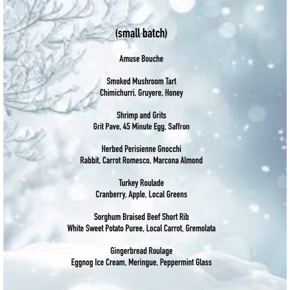 smallbatchbham's tweet photo. December Menu!
We have a public offering on December 11th, and availability for private, in-home events. $150/per person, pre gratuity. Message me for reservations. https://t.co/MenyYzhmgf