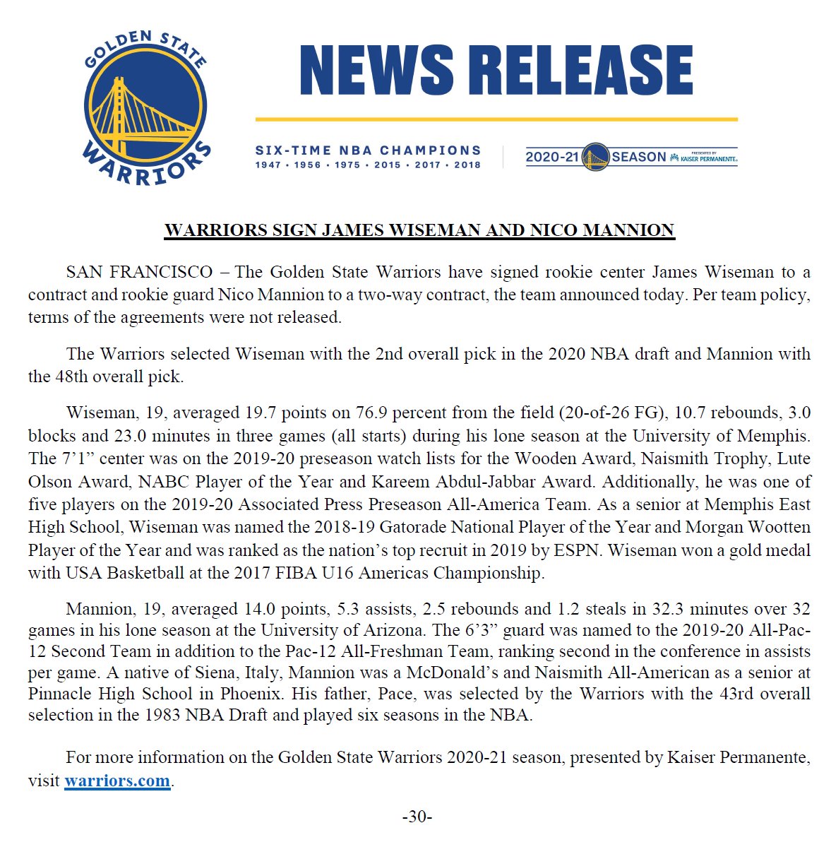 James Wiseman, Nico Mannion receive Golden State Warriors' welcome