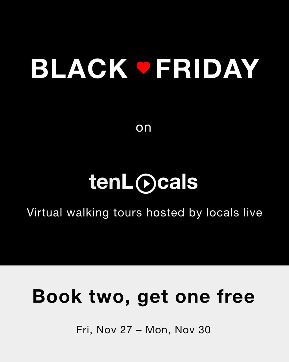 tenLocals's tweet photo. 🖤 Black Friday deal on tenLocals! Book two, get one free
⠀
1️⃣ Book any two trips between Nov 27, Fri and Nov 30, Mon
⠀
2️⃣ Send an email to hi@tenlocals.com with the subject "Black Friday deal"
⠀
3️⃣ We'll send you a promo code allowing you to book any next trip for free. https://t.co/QiQutyNlsi