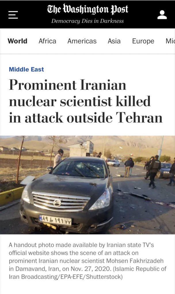 Reminder:The same Washington Post that described Islamic State leader Abu Bakr al-Baghdadi as an "austere religious scholar" has today described Mohsen Fakhrizadeh, the father of  #Iran's nuclear [weapons] program, as a "prominent Iranian nuclear scientist."