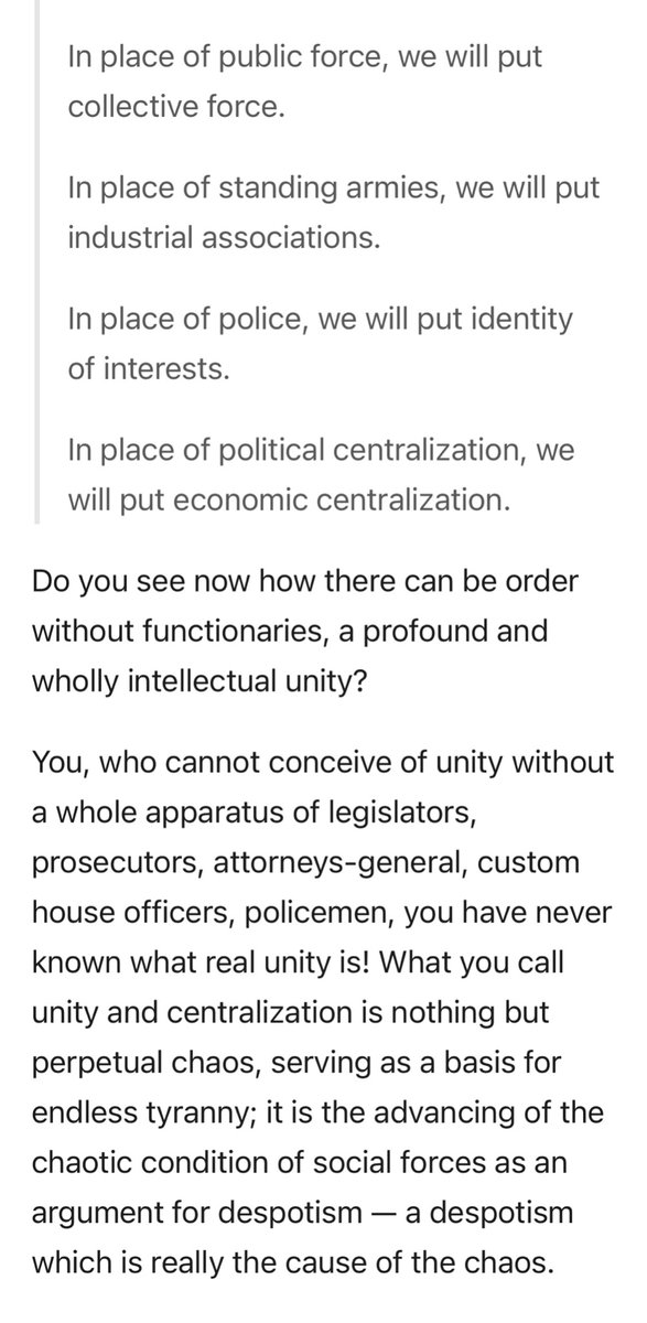 In 1851, Proudhon put most stress on a broader economic process initiated by poor and working-class people allowing us to free ourselves of “all authority” (coercive/imposed authority is the issue), though some of his economic + political suggestions were incomplete or incorrect.