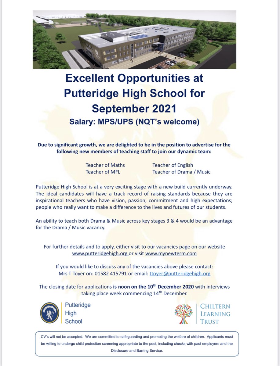 PutteridgeHSch's tweet image. Teaching positions available in September to join an absolutely outstanding team of educators in a school of choice in Luton at @PutteridgeHSch #FirstClassTeachers #FirstCLASSFutures