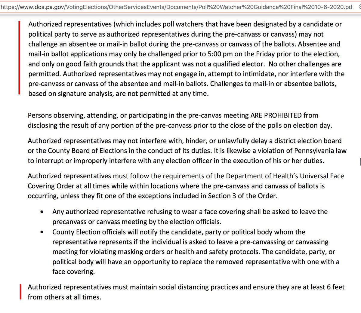 Hoopes: In backroom" in which pre-canvassing was transpiring" she couldn't get close enough to ballots https://rev.com/blog/transcripts/pennsylvania-senate-republican-lawmaker-hearing-transcript-on-2020-election @ 50:56MISLEADINGPA poll watchers may not challenge an absentee or mail-in ballot during pre-canvassing or canvassing. https://dos.pa.gov/VotingElections/OtherServicesEvents/Documents/Poll%20Watcher%20Guidance%20Final%2010-6-2020.pdf24/