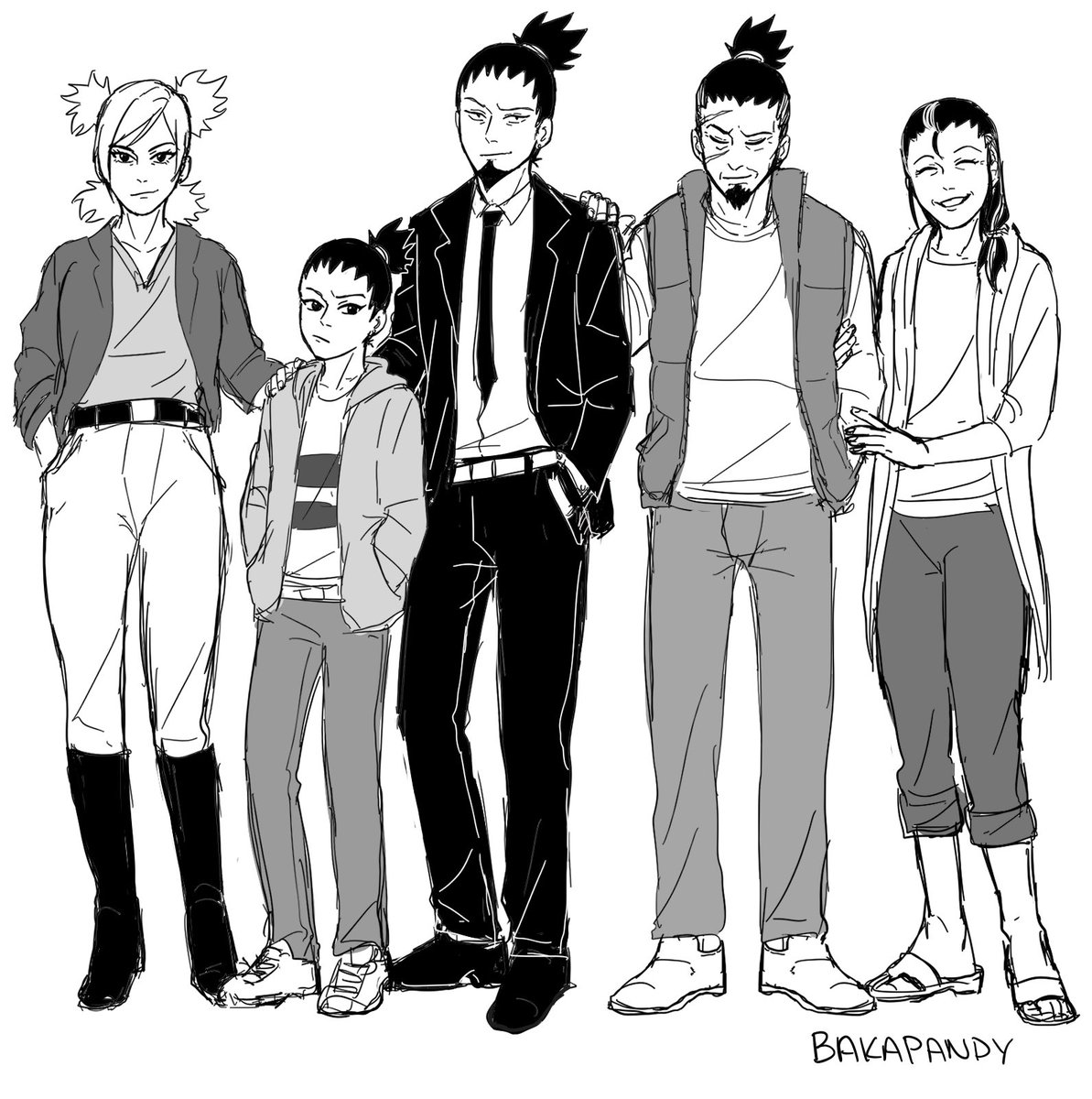 Did a lineup of the Sand/Nara family for Junior High AU...what a male dominated family lmao. Also I gave the Sand family the surname Sunano for this AU 