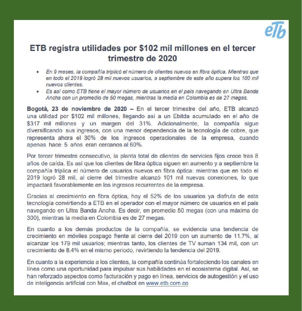 maferojas's tweet photo. Luego de 4 años de deterioro, olvido y perdidas de clientes la @ETB  vuelve por fin a crecer. En nueve meses casi cuadriplica el número de usuarios nuevos de 2019. https://t.co/oGHPCY0KC5 https://t.co/eb6xt9uhCt