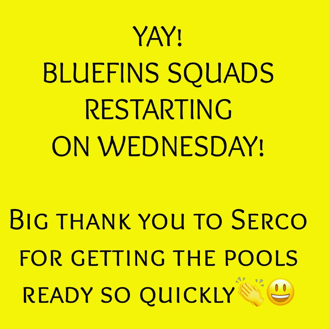 Great news! Bluefins Squads are restarting at 5.30am on Wednesday 2nd December. We are so grateful to Serco #basingstokeaquadrome and to #basingstokesportscentre for getting the pools up and running and available for us so quickly 👏😃🏊🏻‍♀️🏊‍♂️🍾
