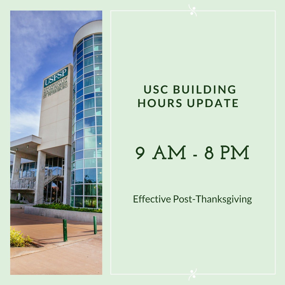 usfsp_sce's tweet photo. Starting today our hours will be from 9am-8pm!
-
·
·
·
·
·
#usfsp #usfspusc #usfspsce #student #studentcenter #studentunion #collegeunion #hours #uschours https://t.co/j7VAdfJMva