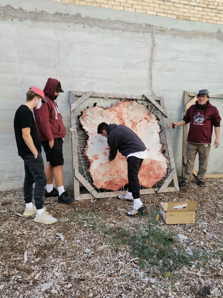 Making more frames for stretching out hides &amp; 2nd soak is complete! <a href="/Tammy10098631/">Tammy</a> &amp; Knowledge Keeper Gary Gott have been working with students and hides since September in our Culture Room &amp; Secret Garden! #balfourpride <a href="/BalfourColl/">Balfour Collegiate</a>