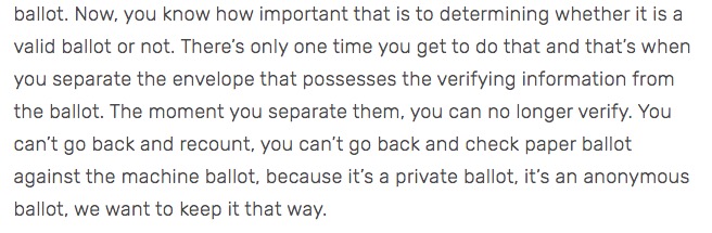Stenstrom: ballots without envelopes makes a recount meaningless https://www.rev.com/blog/transcripts/pennsylvania-senate-republican-lawmaker-hearing-transcript-on-2020-election @ 55:17MISINFORMATIONGiuliani @ 25:06 "separate the envelope with verifying information from the ballot [...] because [...] it’s an anonymous ballot, we want to keep it that way"29/