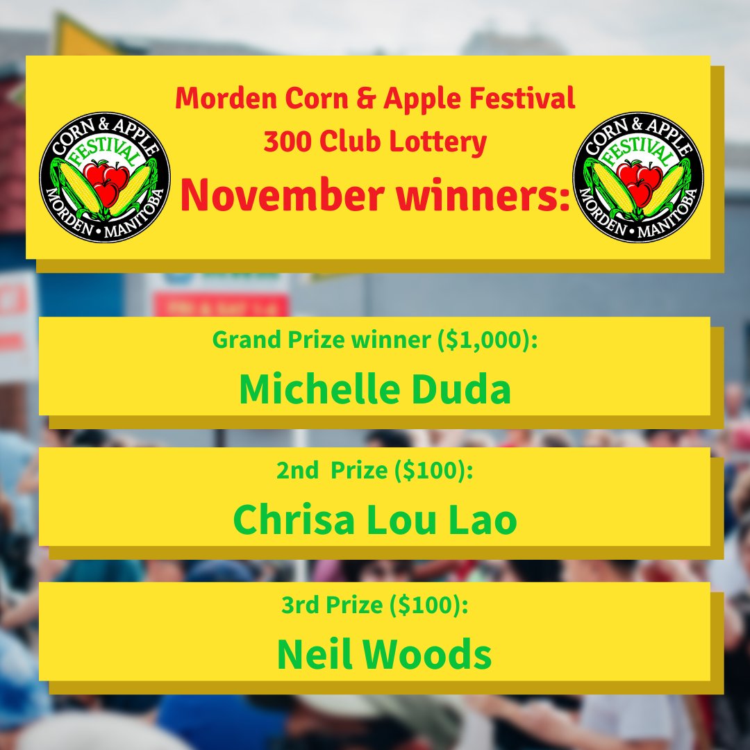 Corn_n_Apple's tweet photo. Congratulations to the November winners of our 300 Club Lottery!

#cornandapple https://t.co/DTGRWgoTEW